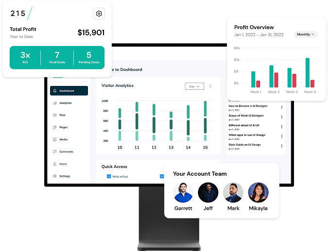 215 Marketing client reporting dashboard shown on a desktop display